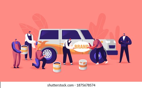 Characters Painting Car Making Airbrushing, Changing Wheels, Automobile Workers with Instruments Doing Vehicle Modification at Auto Service. Car Body Shop, Upgrade. Cartoon People Vector Illustration