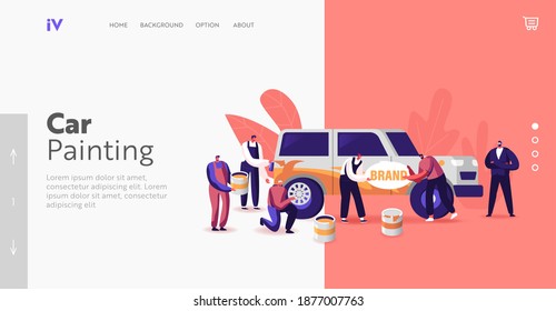 Characters Painting Car Making Airbrushing, Changing Wheels Landing Page Template. Automobile Workers Doing Vehicle Modification at Auto Service. Car Body Upgrade. Cartoon People Vector Illustration