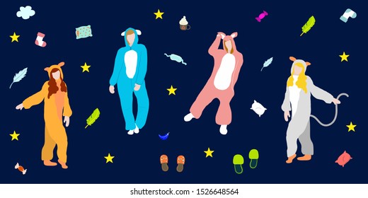 Characters in pajamas. Cartoon women in different pajamas, animals costumes. Vector illustration pajama party, person in costume set 