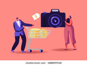 Characters in Pawn Shop. Tiny Man with Golden Coins in Shopping Trolley Buying Photo Camera in Pawnshop. People Selling and Buying Second Hand Precious Things Business. Cartoon Vector Illustration