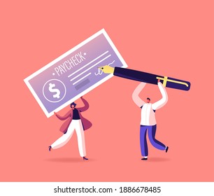 Characters with Pay Check. Girl Carry Huge Paycheck, Man with Ink Pen for Signing. Money Prize, Lottery, People Get Cash Salary Payment with Company Bank Cheque, Payroll. Cartoon Vector Illustration