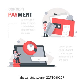 Characters paying with credit card,Cash and electronic payments concept,cash with banknotes and online by electronic bank transfer
