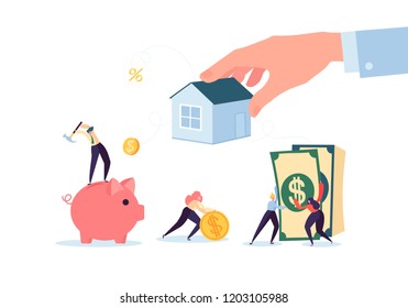 Characters Paying for Mortrage House. Real Estate Investment. Rental or Loan Home Concept. Credit Debt, Financial Problem. Vector illustration