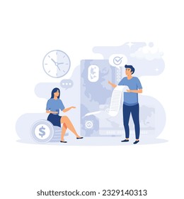 Characters paying online and receiving bonus money or reward back on credit card. Cashback, financial savings and money exchang. flat modern vector illustration