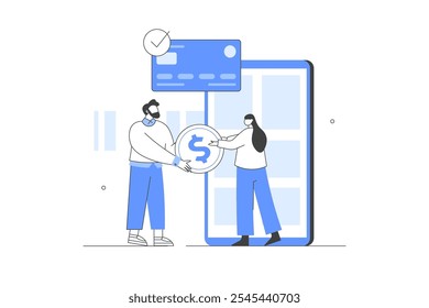 Personagens pagando on-line e recebendo bônus em dinheiro ou recompensa de volta no cartão de crédito. Reembolso, economia financeira e conceito de reembolso de dinheiro. Ilustração plana de vetor de desenhos animados, ícone. Elegante, minimalista 