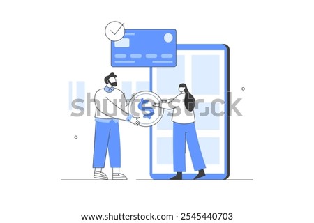 Characters paying online and receiving bonus money or reward back on credit card. Cashback, financial savings and money refund concept. Flat Cartoon Vector Illustration, icon. Stylish, Minimalist 