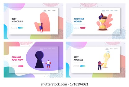 Characters Paying Quest Game Solving Puzzle During Riddle Landing Page Template Set. Friends Company Escape Room Adventure, Recreation. People with Keys and Hourglass. Cartoon Vector Illustration