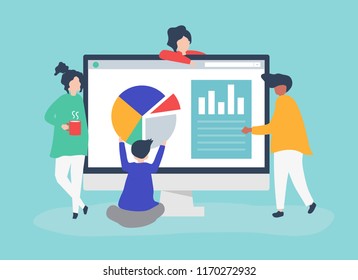 Caracteres de personas analizando gráficos y diagramas ilustrativos