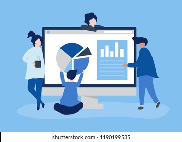 Caracteres de personas analizando gráficos y diagramas ilustrativos