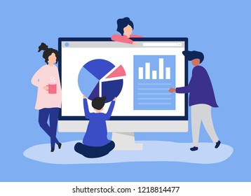Characters of people analyzing graphs and diagrams illustration