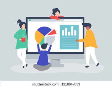 Characters of people analyzing graphs and diagrams illustration