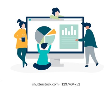Characters of people analyzing graphs and diagrams illustration