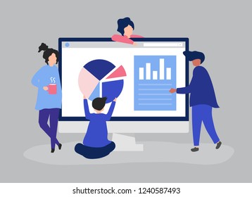 Characters of people analyzing graphs and diagrams illustration