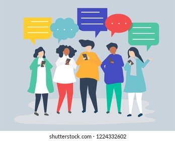 Characters of people chatting through smartphones illustration