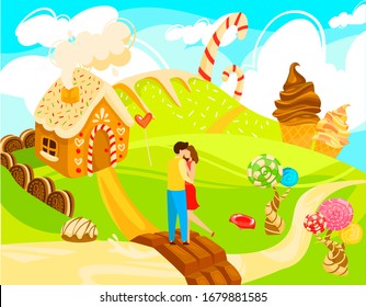 Characters people couple, sweet love, gingerbread house, sugar field, ice cream, cartoon vector illustration. Infatuation male and female, design web banner. Life in sugary kingdom.