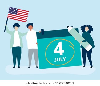 Caracteres de las personas y ilustración conceptual del 4 de julio
