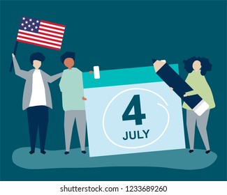 Caracteres de las personas y ilustración conceptual del 4 de julio