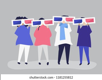 Characters of people holding 3d glasses illustration