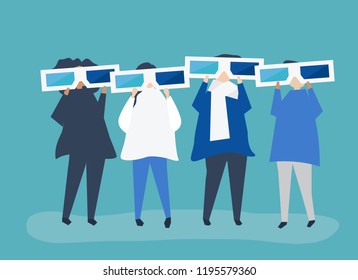Characters of people holding 3d glasses illustration