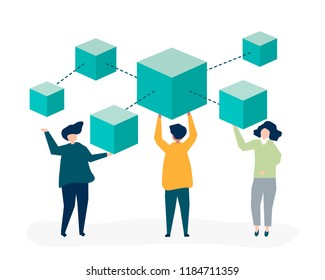 Characters of people holding a blockchain network illustration