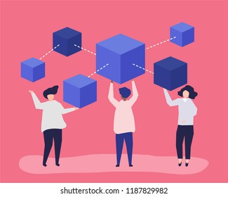 Characters of people holding a blockchain network illustration