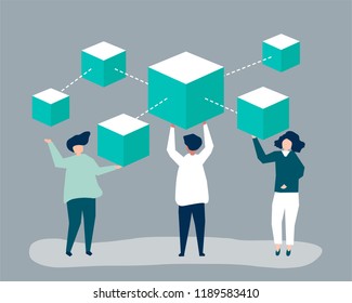 Characters of people holding a blockchain network illustration