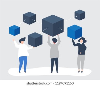 Characters of people holding a blockchain network illustration