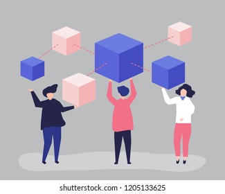 Characters of people holding a blockchain network illustration