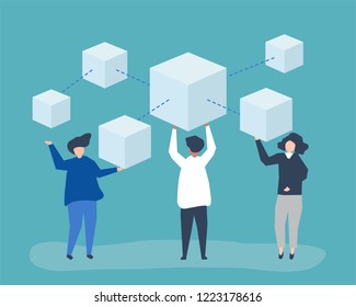 Characters of people holding a blockchain network illustration