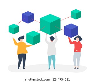 Characters of people holding a blockchain network illustration