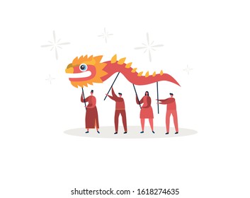 Characters of people holding dragon. Chinese New Year festival. Flat vector illustration.