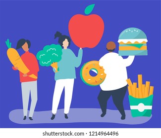 Characters of people holding food icons illustration