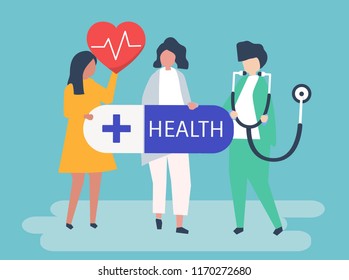 Characters of people holding healthcare icons illustration