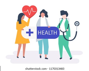 Characters of people holding healthcare icons illustration