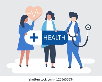 Characters People Holding Healthcare Icons Illustration Stock Vector ...