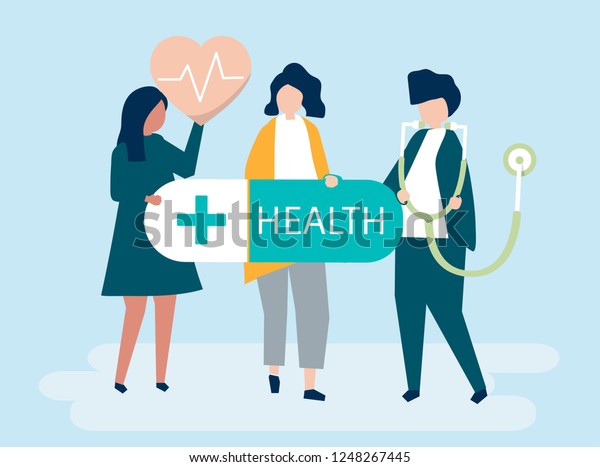 Characters People Holding Healthcare Icons Illustration Stock Vector ...