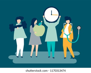Characters of people holding healthy lifestyle icons illustration