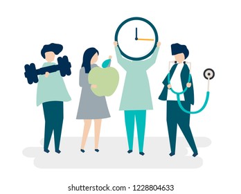 Characters of people holding healthy lifestyle icons illustration