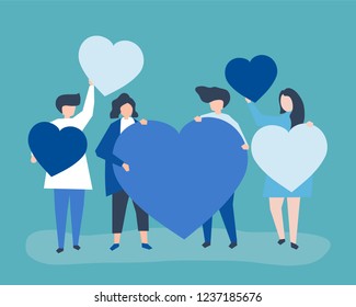 Characters of people holding heart shapes illustration
