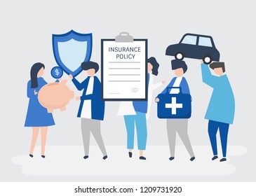 Personagens de pessoas segurando ícones de seguro ilustração