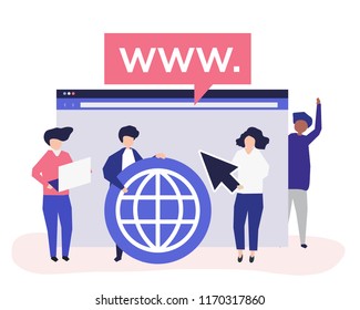 Characters of people holding internet search icons illustration