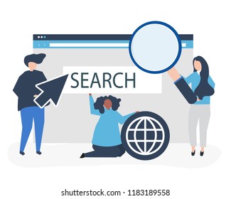 Characters of people holding internet search icons illustration