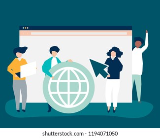 Characters of people holding internet search icons illustration
