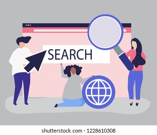 Characters of people holding internet search icons illustration