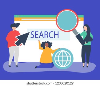 Characters of people holding internet search icons illustration