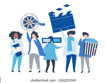 Characters of people holding movie icons illustration