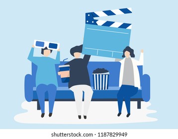 Characters of people holding movie icons illustration