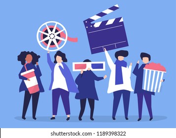 Characters of people holding movie icons illustration