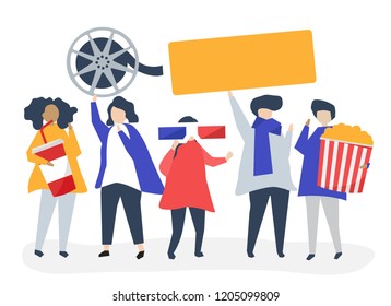 Characters of people holding movie icons illustration