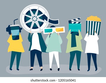 Characters of people holding movie icons illustration